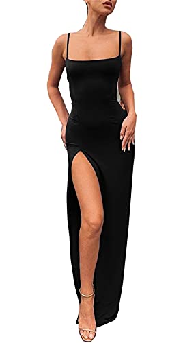PRIMODA Damen Spaghettiträger Bodycon Maxikleid Lang Formell Oberschenkelhoch Schlitz Club Hochzeit Gäste Kleid, Schwarz, Klein von PRIMODA