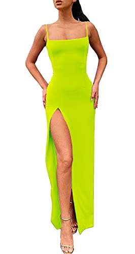PRIMODA Damen Spaghettiträger Bodycon Maxikleid Lang Formell Oberschenkelhoch Schlitz Club Hochzeit Gäste Kleid, Neon-Grün, Groß von PRIMODA