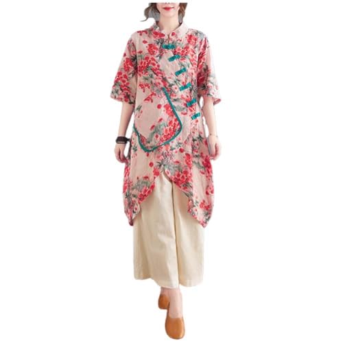 Summer Hanfu Cotton-Ramie Loose Blouse 3/4 Sleeve Chinese Dress with Chinese Frog Button Tops A2, Mehrfarbig, Mittel von PRINCESS BRIDE