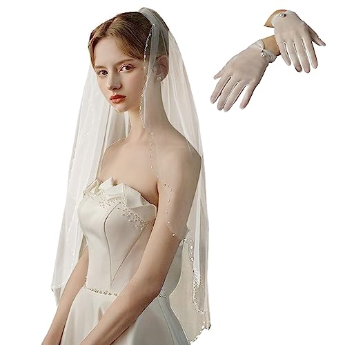 PRINCESS BRIDE Brautschleier mit kurzen Spitzenhandschuhen Rand mit Kristallperlen Brautschleier Elfenbein Hüftlänge (A2), elfenbein, M von PRINCESS BRIDE