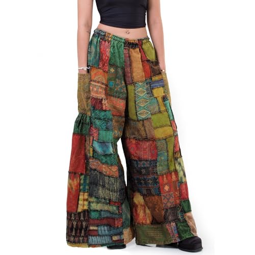 PRINCESS OF ASIA Bunte Vintage Patchwork Jeans Hippie Schlaghose Palazzo 70er Hose für Damen & Herren (DE/NL/SE/PL, Alphanumerisch, M, L, Regular, Regular, Braun) von PRINCESS OF ASIA