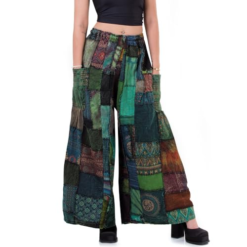 PRINCESS OF ASIA Bunte Vintage Patchwork Jeans Hippie Schlaghose Palazzo 70er Hose für Damen & Herren (DE/NL/SE/PL, Alphanumerisch, M, L, Regular, Regular, Grün) von PRINCESS OF ASIA