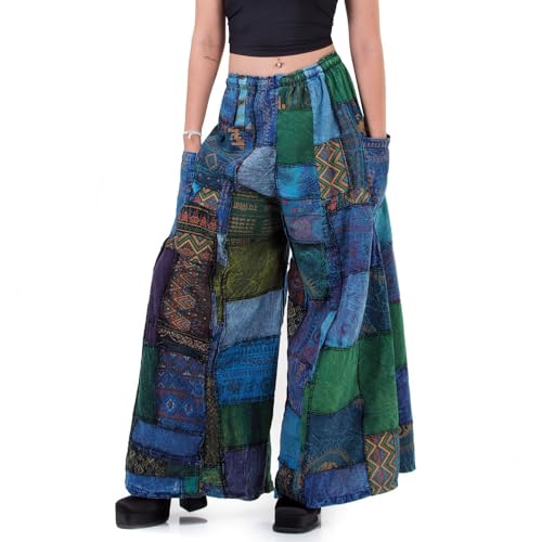 PRINCESS OF ASIA Bunte Vintage Patchwork Jeans Hippie Schlaghose Palazzo 70er Hose für Damen & Herren (DE/NL/SE/PL, Alphanumerisch, M, L, Regular, Regular, Türkis) von PRINCESS OF ASIA