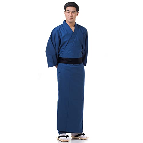 PRINCESS OF ASIA Exklusiver & hochwertiger japanischer Herren Samurai Yukata Kimono aus einfarbiger Baumwolle M L XL (Einheitsgröße, Blau) von PRINCESS OF ASIA