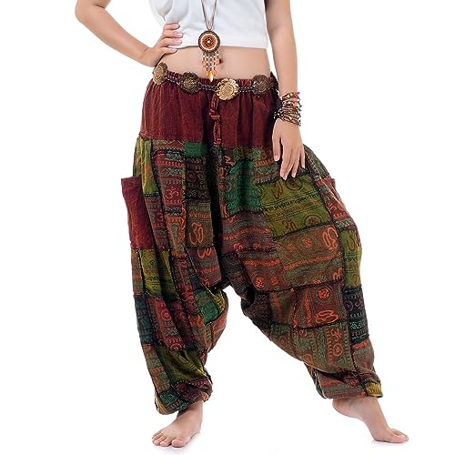 PRINCESS OF ASIA Patchwork Jeans Haremshose Aladinhose Pumphose Buddha Hose für Damen & Herren (One Size, Weinrot) von PRINCESS OF ASIA