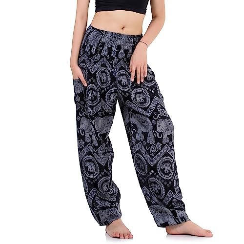 PRINCESS OF ASIA Vegan & Fair - Orientalische Aladinhose Haremshose Bauchtanzhose Pumphose Hippie Thai Hose (as3, Alpha, one_Size, Regular, Regular, Chang Elefant Schwarz) von PRINCESS OF ASIA