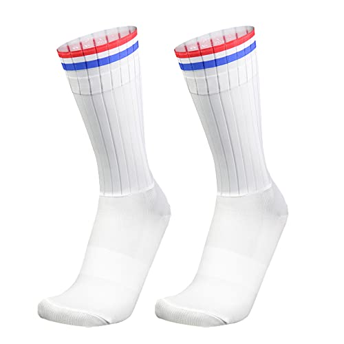 PRIOKNIKO Sportsocken Für Herren Herren-Kompressionssocken Anti-Rutsch-Silikon Aero Weiß Radfahren Sport Lauf Socken, Rot Blau Gestreift, Einheitsgröße 39-45 von PRIOKNIKO