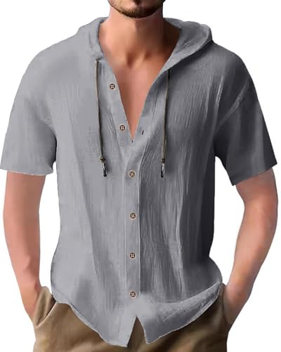 Leinenhemd Herren Hemd Kurzarm Baumwolle Shirt Kapuzenhemd Hoodie Button Down Freizeithemd Sommer für Männer Grau M von PRIVIMIX
