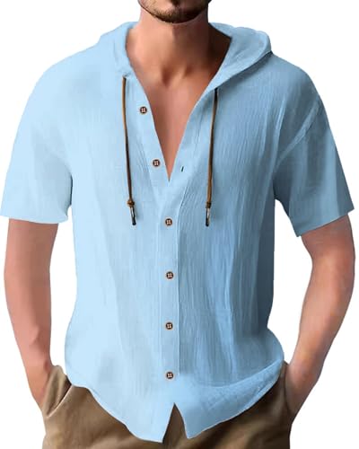 Leinenhemd Herren Hemd Kurzarm Baumwolle Shirt Kapuzenhemd Hoodie Button Down Freizeithemd Sommer für Männer Hellblau XXL von PRIVIMIX