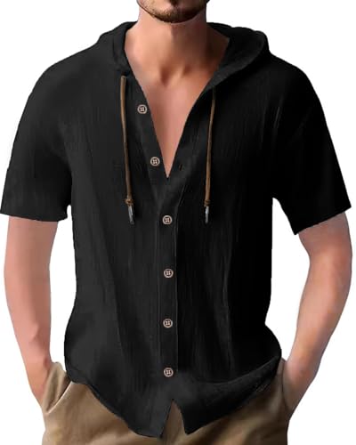 Leinenhemd Herren Hemd Kurzarm Baumwolle Shirt Kapuzenhemd Hoodie Button Down Freizeithemd Sommer für Männer Schwarz L von PRIVIMIX