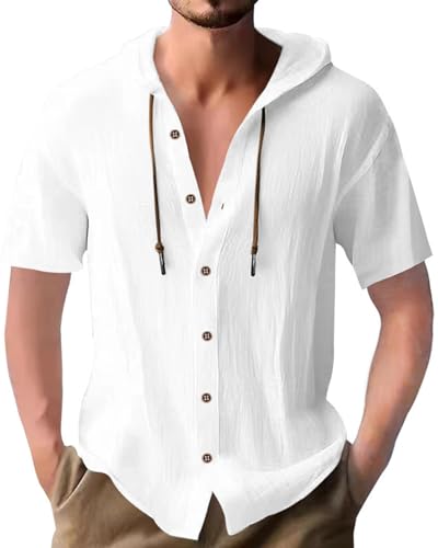 Leinenhemd Herren Hemd Kurzarm Baumwolle Shirt Kapuzenhemd Hoodie Button Down Freizeithemd Sommer für Männer Weiß XL von PRIVIMIX