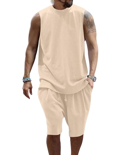 PRIVIMIX Herren 2 Teiliges Trainingsanzug Sommer Outfit Set Tank Top Ärmellose T-Shirts und Shorts Set Jogginganzug Kurzarm Casual Freizeitanzug Tracksuit Beige M von PRIVIMIX