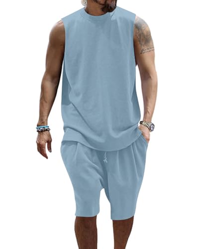 PRIVIMIX Herren 2 Teiliges Trainingsanzug Sommer Outfit Set Tank Top Ärmellose T-Shirts und Shorts Set Jogginganzug Kurzarm Casual Freizeitanzug Tracksuit Blau L von PRIVIMIX
