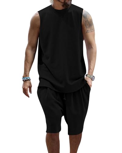 PRIVIMIX Herren 2 Teiliges Trainingsanzug Sommer Outfit Set Tank Top Ärmellose T-Shirts und Shorts Set Jogginganzug Kurzarm Casual Freizeitanzug Tracksuit Schwarz 3XL von PRIVIMIX
