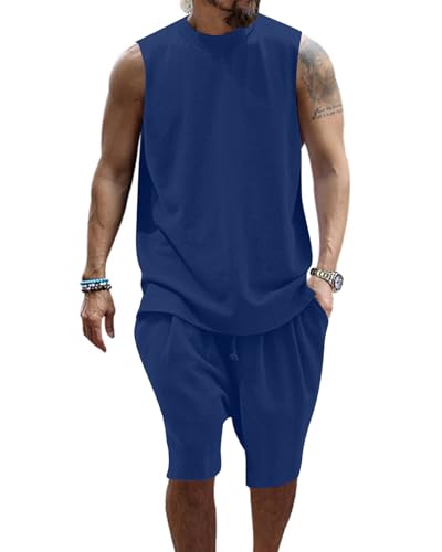 PRIVIMIX Herren 2 Teiliges Trainingsanzug Sommer Outfit Set Tank Top Ärmellose T-Shirts und Shorts Set Jogginganzug Kurzarm Casual Freizeitanzug Tracksuit Tiefblau 3XL von PRIVIMIX