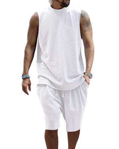 PRIVIMIX Herren 2 Teiliges Trainingsanzug Sommer Outfit Set Tank Top Ärmellose T-Shirts und Shorts Set Jogginganzug Kurzarm Casual Freizeitanzug Tracksuit Weiß M von PRIVIMIX