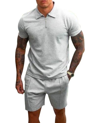 PRIVIMIX Herren Trainingsanzug Sommer Sportanzug 2 Teiliges Kurzarm T-Shirts Polo Jogginganzug Hemd Set Kurze Business Hose Freizeitanzug HellGrau M von PRIVIMIX