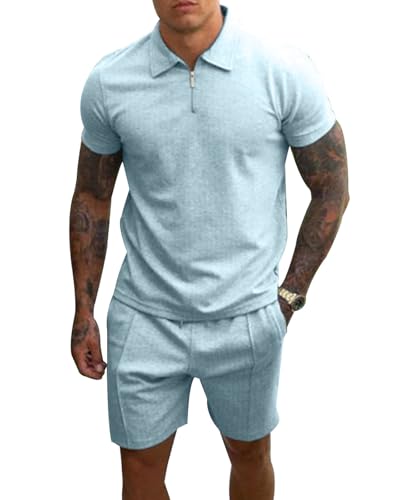 PRIVIMIX Herren Trainingsanzug Sommer Sportanzug 2 Teiliges Kurzarm T-Shirts Polo Jogginganzug Hemd Set Kurze Business Hose Freizeitanzug Hellblau XXL von PRIVIMIX