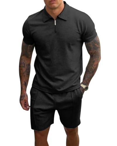 PRIVIMIX Herren Trainingsanzug Sommer Sportanzug 2 Teiliges Kurzarm T-Shirts Polo Jogginganzug Hemd Set Kurze Business Hose Freizeitanzug Schwarz XXL von PRIVIMIX