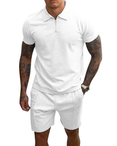 PRIVIMIX Herren Trainingsanzug Sommer Sportanzug 2 Teiliges Kurzarm T-Shirts Polo Jogginganzug Hemd Set Kurze Business Hose Freizeitanzug Weiß L von PRIVIMIX