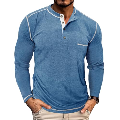 PRIVIMIX Langarmshirt Herren Longsleeve Henley Shirt Langarm T Shirt Basic Pullover für Männer Blau L von PRIVIMIX