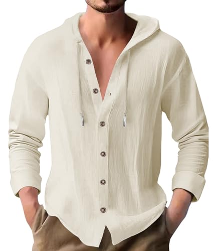PRIVIMIX Leinenhemd Herren Hemd Langarm Baumwolle Langarmshirt mit Kapuze Kapuzenhemd Hoodie Freizeithemd Kapuzenshirt für Männer Beige L von PRIVIMIX
