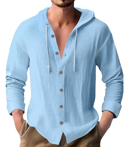 PRIVIMIX Leinenhemd Herren Hemd Langarm Baumwolle Langarmshirt mit Kapuze Kapuzenhemd Hoodie Freizeithemd Kapuzenshirt für Männer Blau M von PRIVIMIX
