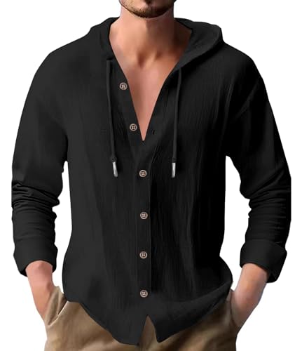 PRIVIMIX Leinenhemd Herren Hemd Langarm Baumwolle Langarmshirt mit Kapuze Kapuzenhemd Hoodie Freizeithemd Kapuzenshirt für Männer Schwarz XXL von PRIVIMIX