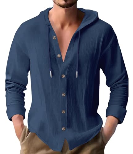 PRIVIMIX Leinenhemd Herren Hemd Langarm Baumwolle Langarmshirt mit Kapuze Kapuzenhemd Hoodie Freizeithemd Kapuzenshirt für Männer Tiefblau 3XL von PRIVIMIX