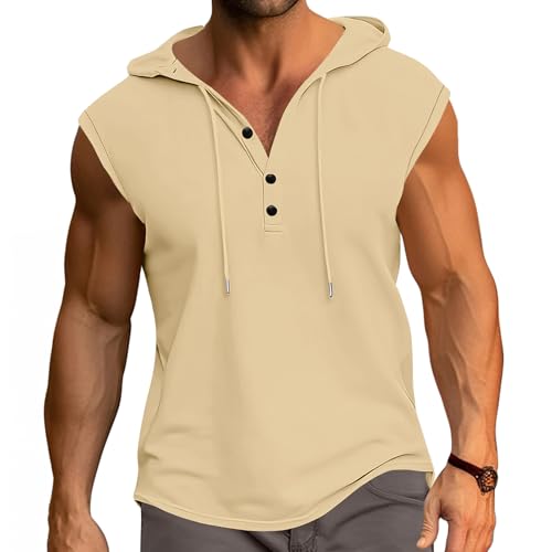 PRIVIMIX Tank Top Herren Ärmellose Hoodie T-Shirts Sommer Tanktop mit Kapuze Muskelshirts für Bodybuilding Gym Sport Beige XXL von PRIVIMIX