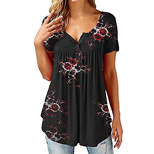 PRJN Frauen Casual V-Ausschnitt Plissee Tunika Tops Shirts Bluse Damen Shirts Rüschen Loose Button Up Tunika Tops für Frauen Frauen Casual Blumendruck V-Ausschnitt Kurzarm Shirts Tops Loose Blusen von PRJN