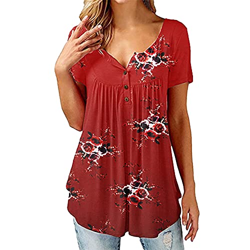 PRJN Frauen Casual V-Ausschnitt Plissee Tunika Tops Shirts Bluse Damen Shirts Rüschen Loose Button Up Tunika Tops für Frauen Frauen Casual Blumendruck V-Ausschnitt Kurzarm Shirts Tops Loose Blusen von PRJN