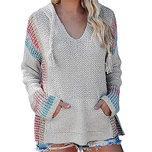 PRJN Frauen Herbst und Winter Langarm Kapuzenpullover Lose Rundhals Mischfarben Pullover Strickpullover Lässige Tunika Top Frauen Langarm Strickpullover Pullover Jumper Bluse Shirts Sweatshirt von PRJN