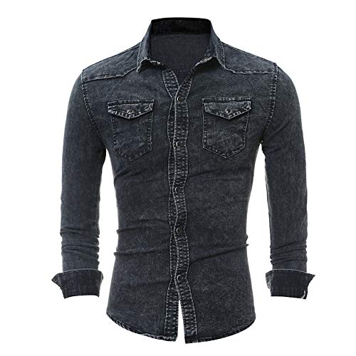 PRJN Herren lässig geknöpftes Jeanshemd Langarm formelles Hemd Herren Jeanshemd Schlank lässig geknöpft Hemd Langarm Stretch Baumwolle Einfache Mode Langarm Jeanshemd Herrenhemd von PRJN