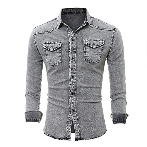 PRJN Herren lässig geknöpftes Jeanshemd Langarm formelles Hemd Herren Jeanshemd Schlank lässig geknöpft Hemd Langarm Stretch Baumwolle Einfache Mode Langarm Jeanshemd Herrenhemd von PRJN