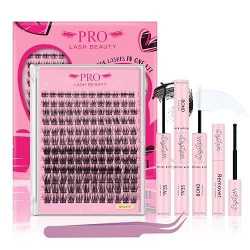 DIY Wimpernverlängerung Kit, individuelle Wimpern Kit mit 144 Pcs Cluster Lash Bindung und Siegel, Kleber Entferner, Wimpern Applikator (Natural01-D-8-16mix) von PRO LASHBEAUTY
