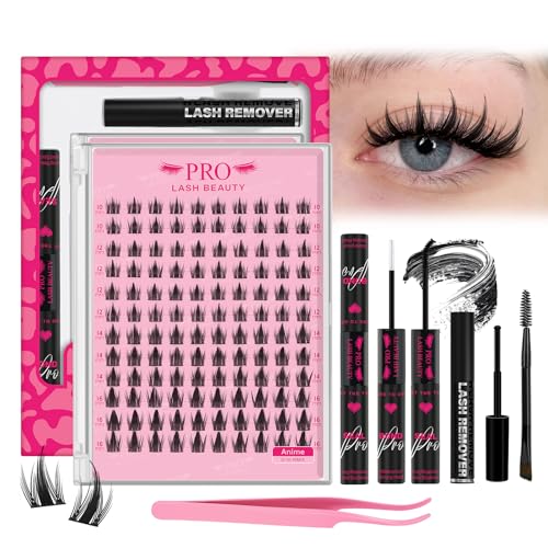 PROLASHBEAUTY Manga Lashes Cluster Wimpern Extensions Lash Extension Set DIY Wimpernverlängerung Kit Bindung und Siegel Wimpern Kleber Entferner Applikator Wimpernbürste (Anime,10-16mix) von PRO LASHBEAUTY