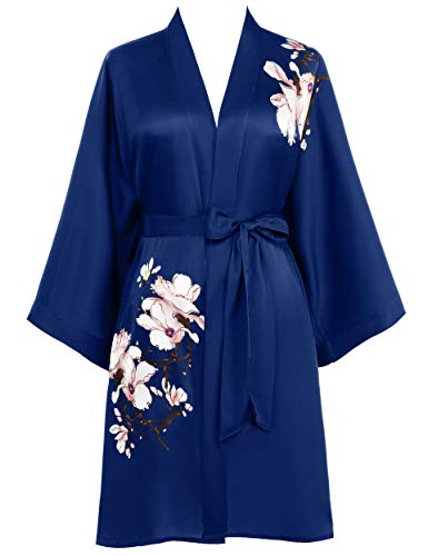 Prodesign Damen Morgenmantel Kurz Kimono Kapok Muster Bademantel Satin Robe Sommer Nachtwäsche Damen Strandkleid Girl Pajama Party (Navyblau) von Prodesign