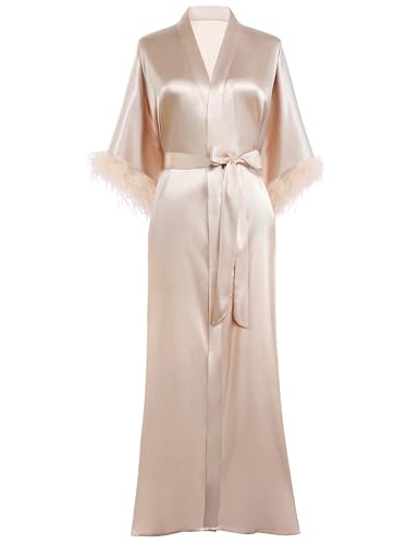 PRODESIGN Damen Morgenmantel Lang Satin Bademantel Kimono Robe Negligee 3/4 Feder-Ärmel Loungewear Schlafmantel Damen Nachtwäsche von PRODESIGN