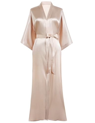 Prodesign Morgenmantel Damen Bademantel Satin Kimono Lang mit Gürtel Einfarbig Nachtwäsche Leicht Schlafmantel Champagner von PRODESIGN
