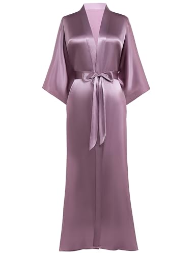 PRODESIGN Morgenmantel Damen Bademantel Satin Kimono Lang mit Gürtel Einfarbig Nachtwäsche Leicht Schlafmantel Helllila von PRODESIGN