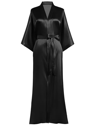 Prodesign Morgenmantel Damen Bademantel Satin Kimono Lang mit Gürtel Einfarbig Nachtwäsche Leicht Schlafmantel Schwarz von PRODESIGN