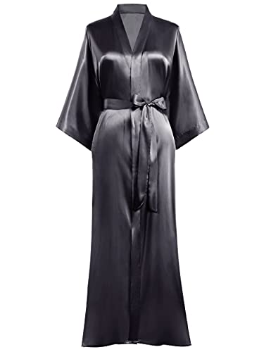 PRODESIGN Morgenmantel Damen Bademantel Satin Kimono Lang mit Gürtel Einfarbig Nachtwäsche Leicht Schlafmantel Dunkelgrau von PRODESIGN