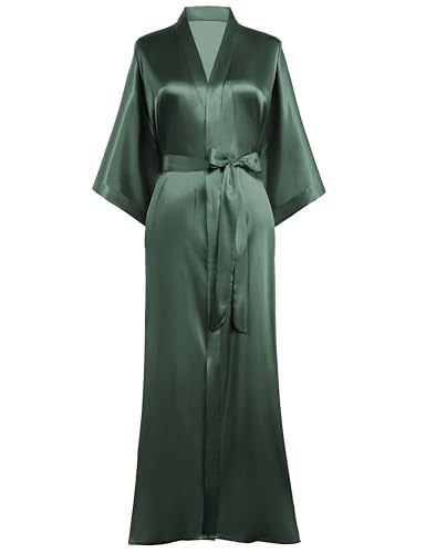 PRODESIGN Morgenmantel Damen Bademantel Satin Kimono Lang mit Gürtel Einfarbig Nachtwäsche Leicht Schlafmantel Khaki von PRODESIGN