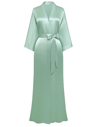 PRODESIGN Morgenmantel Damen Bademantel Satin Kimono Lang mit Gürtel Einfarbig Nachtwäsche Leicht Schlafmantel Menthe von PRODESIGN