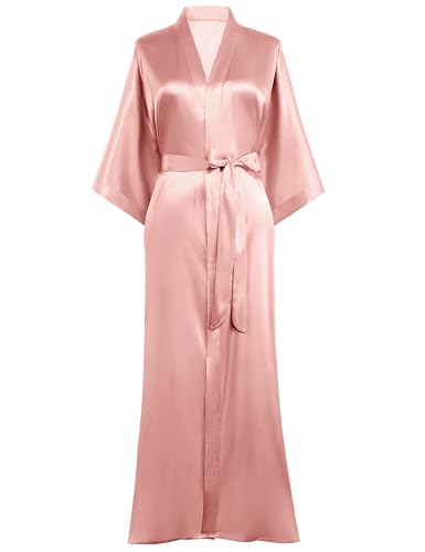 PRODESIGN Morgenmantel Damen Bademantel Satin Kimono Lang mit Gürtel Einfarbig Nachtwäsche Leicht Schlafmantel Rosa von PRODESIGN