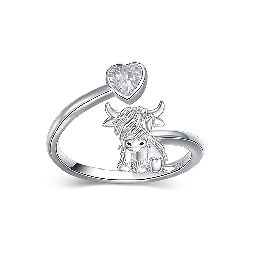 Hochlandkuh Offener Ring 925 Sterling Silber Einstellbare Niedliche Kuh Ringe Flauschiger Hochlandkuh Ring mit Liebevollem Herz Hochlandkuh Highland Cow Schmuck Geschenk für Frauen Mädchen(Größe 8) von PROESS