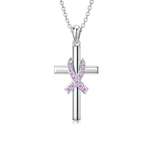 PROESS 925 Sterling Silber Brustkrebs Bewusstsein Halskette Kreuz Anhänger Halskette Pink Ribbon Halskette Brustkrebs Überlebende Geschenke für Frauen von PROESS