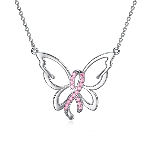 PROESS 925 Sterling Silber Brustkrebs Bewusstsein Halskette Schmetterlings Halskette Pink Ribbon Halskette Brustkrebs-Überlebende Geschenke für Frauen von PROESS