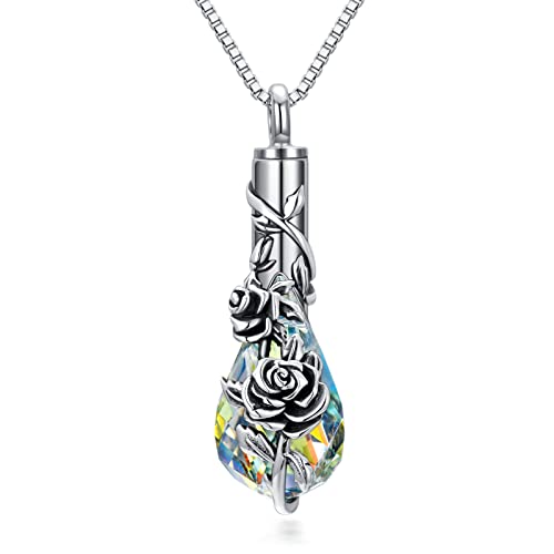 PROESS 925 Sterling Silber Rose Blume Feuerbestattung Halskette für Asche Weiße Träne Kristall Urne Halskette für Asche für Frauen Gedenkschmuck von PROESS